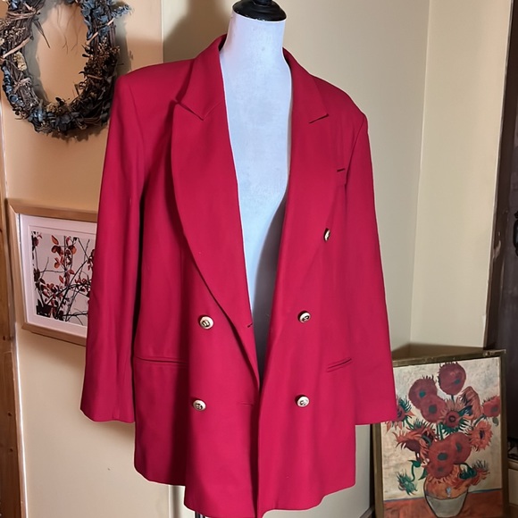 Vtg 80s LAURA SCOTT Size 16 DoubleBreast Blazer Classic Red GoldButton Wool USA - Picture 3 of 13
